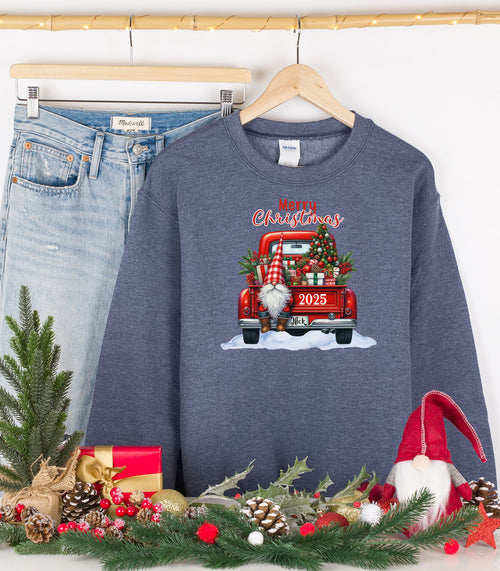 Red Truck Christmas Sweatshirt, Festive Gnome & Tree 2025 Pullover