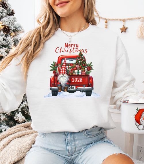 Red Truck Christmas Sweatshirt, Festive Gnome & Tree 2025 Pullover