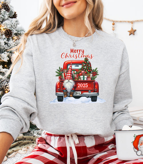 Red Truck Christmas Sweatshirt, Festive Gnome & Tree 2025 Pullover