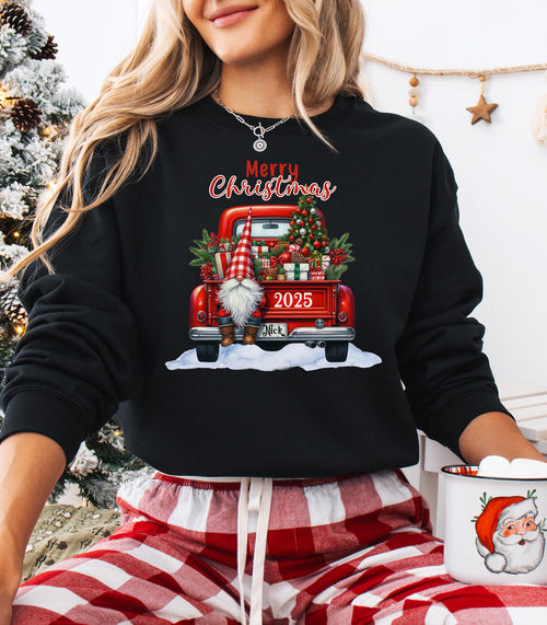 Red Truck Christmas Sweatshirt, Festive Gnome & Tree 2025 Pullover