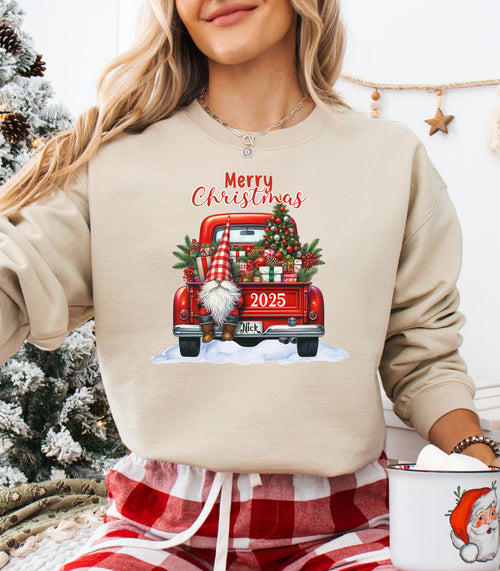 Red Truck Christmas Sweatshirt, Festive Gnome & Tree 2025 Pullover