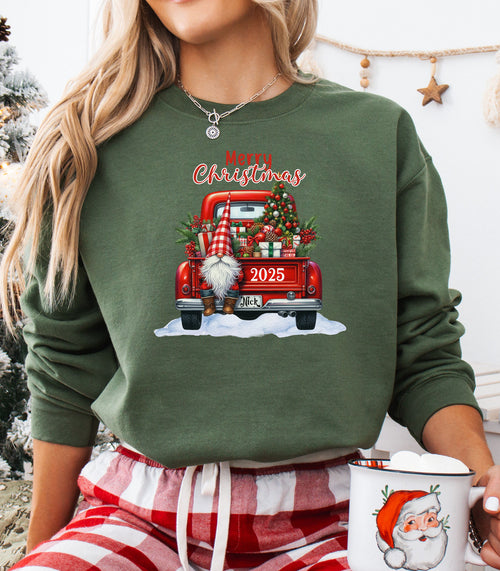 Red Truck Christmas Sweatshirt, Festive Gnome & Tree 2025 Pullover