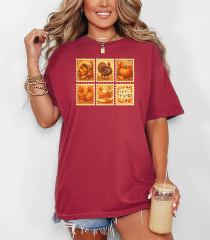 Thanksgiving Postage Stamps Shirt, Vintage Fall Harvest Tee, Pumpkin & Turkey Design
