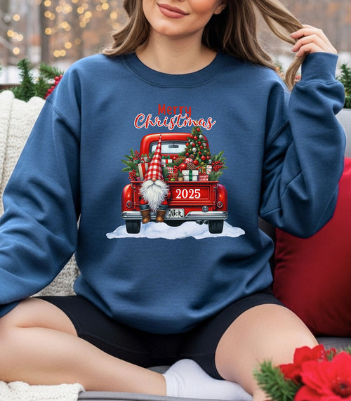 Red Truck Christmas Sweatshirt, Festive Gnome & Tree 2025 Pullover