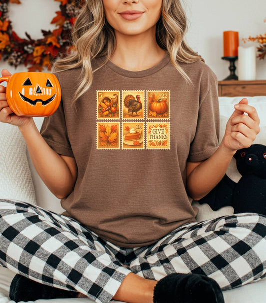 Thanksgiving Postage Stamps Shirt, Vintage Fall Harvest Tee, Pumpkin & Turkey Design