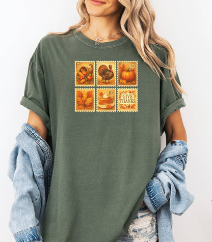 Thanksgiving Postage Stamps Shirt, Vintage Fall Harvest Tee, Pumpkin & Turkey Design