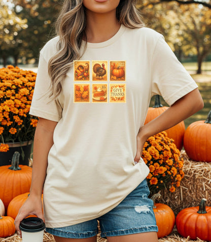 Thanksgiving Postage Stamps Shirt, Vintage Fall Harvest Tee, Pumpkin & Turkey Design