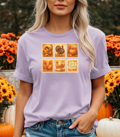 Thanksgiving Postage Stamps Shirt, Vintage Fall Harvest Tee, Pumpkin & Turkey Design