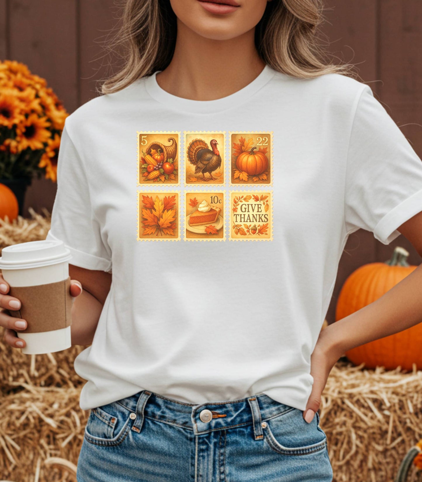 Thanksgiving Postage Stamps Shirt, Vintage Fall Harvest Tee, Pumpkin & Turkey Design
