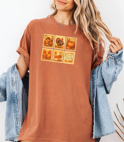 Thanksgiving Postage Stamps Shirt, Vintage Fall Harvest Tee, Pumpkin & Turkey Design