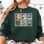 Christmas Postage Stamps Sweatshirt, Retro Holiday Pullover, Festive Holiday Sweatshirt