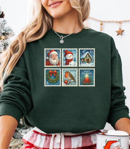 Christmas Postage Stamps Sweatshirt, Retro Holiday Pullover, Festive Holiday Sweatshirt