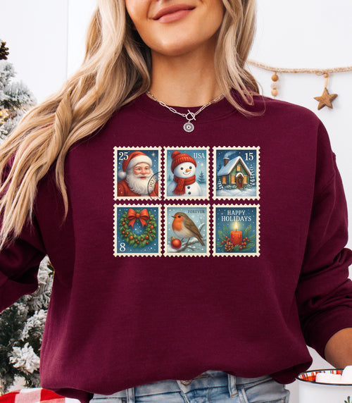 Christmas Postage Stamps Sweatshirt, Retro Holiday Pullover, Festive Holiday Sweatshirt
