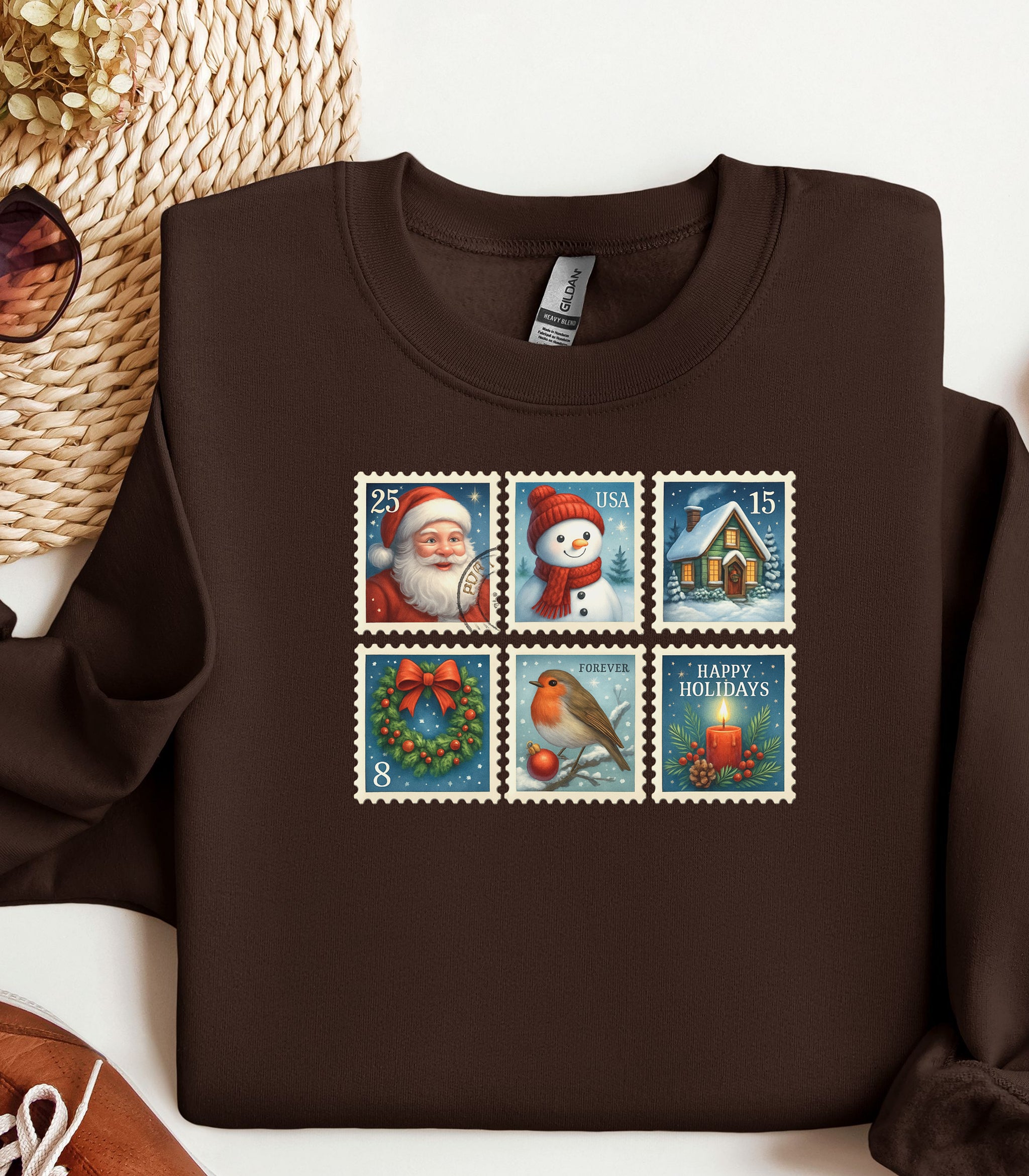 Christmas Postage Stamps Sweatshirt, Retro Holiday Pullover, Festive Holiday Sweatshirt