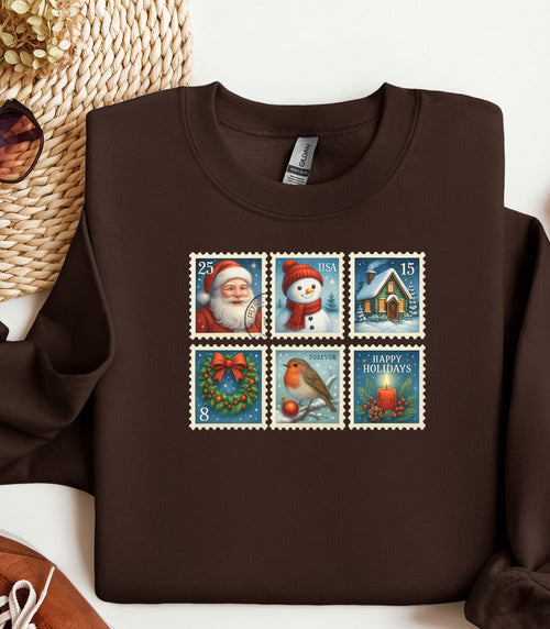 Christmas Postage Stamps Sweatshirt, Retro Holiday Pullover, Festive Holiday Sweatshirt