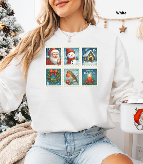 Christmas Postage Stamps Sweatshirt, Retro Holiday Pullover, Festive Holiday Sweatshirt