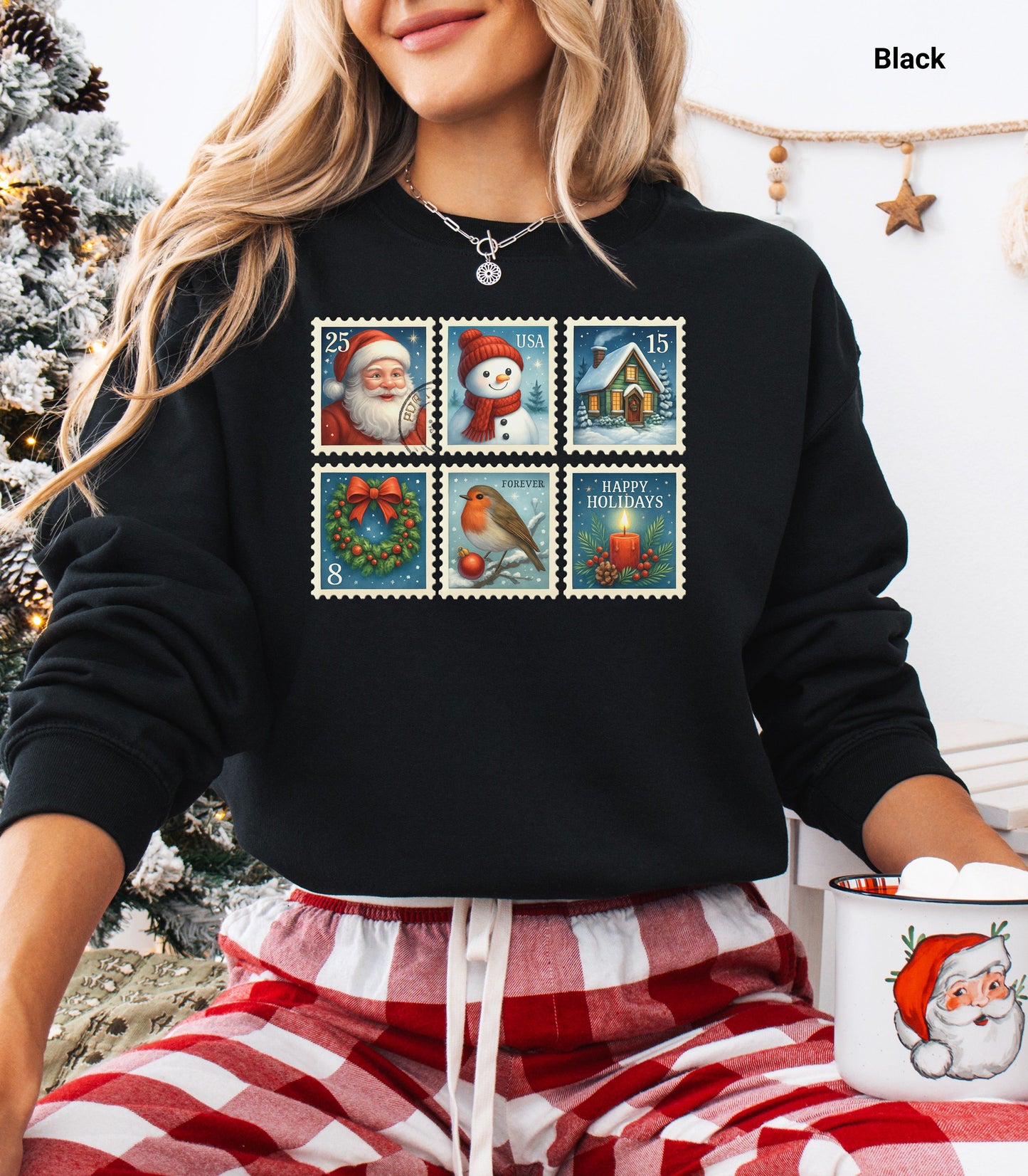 Christmas Postage Stamp Sweatshirt, Vintage Holiday Vibes