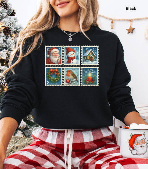Christmas Postage Stamps Sweatshirt, Retro Holiday Pullover, Festive Holiday Sweatshirt