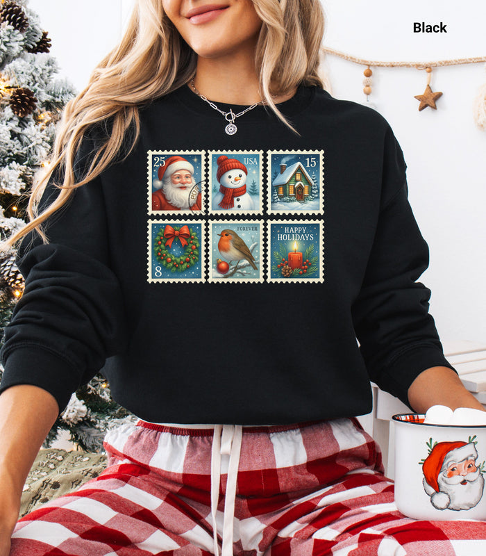 Christmas Postage Stamps Sweatshirt, Retro Holiday Pullover, Festive Holiday Sweatshirt