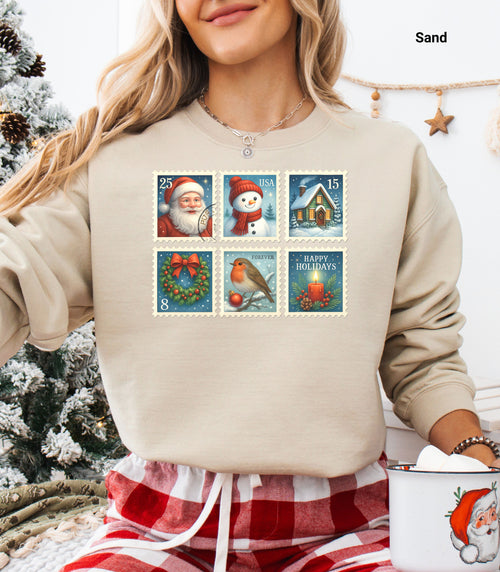 Christmas Postage Stamps Sweatshirt, Retro Holiday Pullover, Festive Holiday Sweatshirt