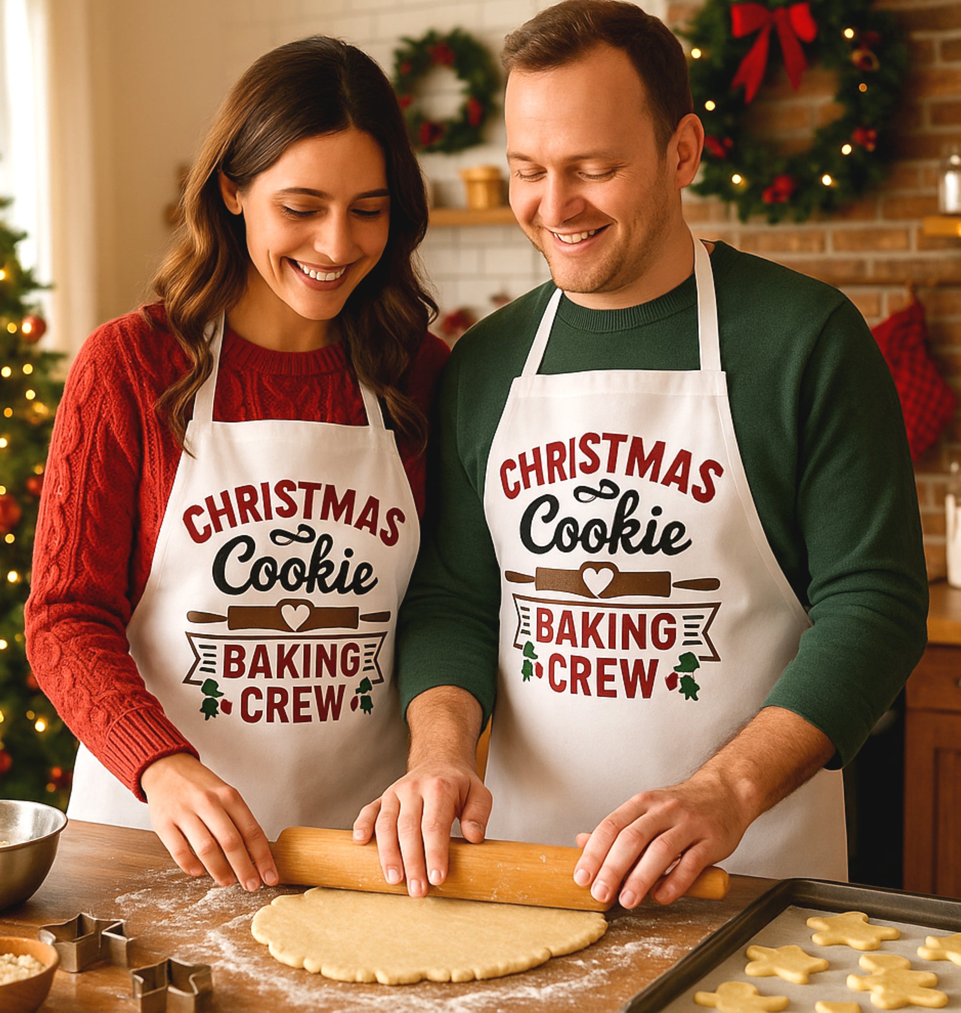 White apron with festiveChristmas Cookie Baking Crew text reading “Christmas Cookie Baking Crew,” featuring rolling pins and holiday accents, perfect for baking and holiday kitchens.