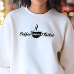 White Gildan sweatshirt with a centered black graphic of a steaming coffee cup and stylish text reading “Coffee before Talkie.” The playful design humorously declares the need for caffeine before conversation—perfect for coffee lovers who enjoy cozy comfort and a touch of sass in their morning routine.