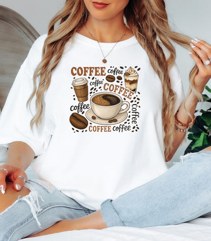 White t-shirt featuring a playful coffee-themed design with multiple illustrated coffee cups, beans, and the word “coffee” repeated in various fonts and styles. Centered around a steaming cup of coffee on a saucer, this fun and cozy graphic is perfect for caffeine lovers who want to show off their coffee obsession in style.