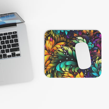 Colorful mouse pad with floral design next to a laptop on a white surface