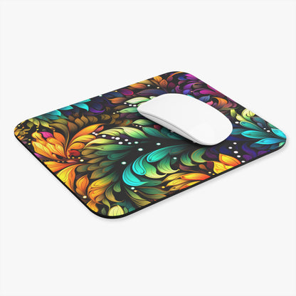 Colorful floral swirl fractal mouse pad with a white mouse on a white background