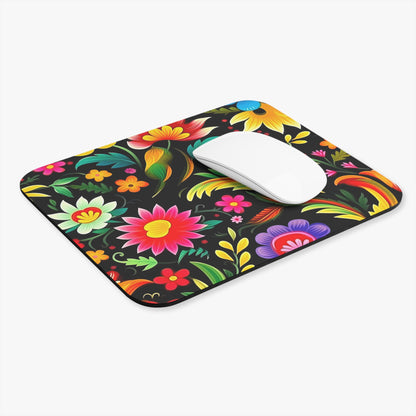 Floral Mexican patterned mouse pad with a white mouse on a black background