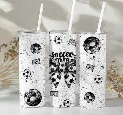 Soccer Mom Tumbler – Leopard Print Coquette Bow & Soccer Ball Design