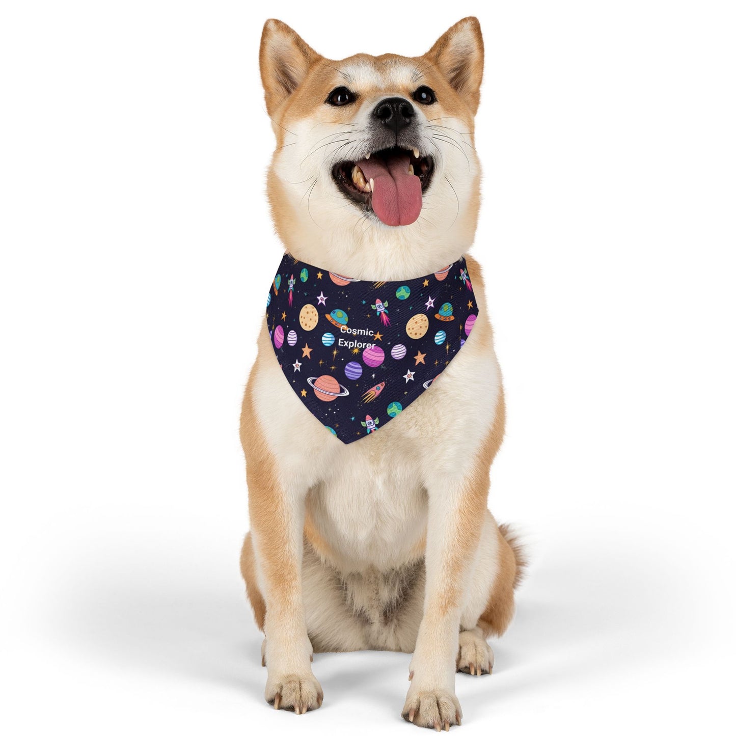 Dog wearing a cosmic-explorer bandana on a white background