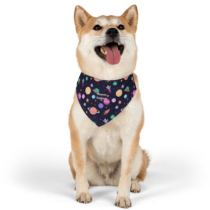 Dog wearing a cosmic-explorer bandana on a white background