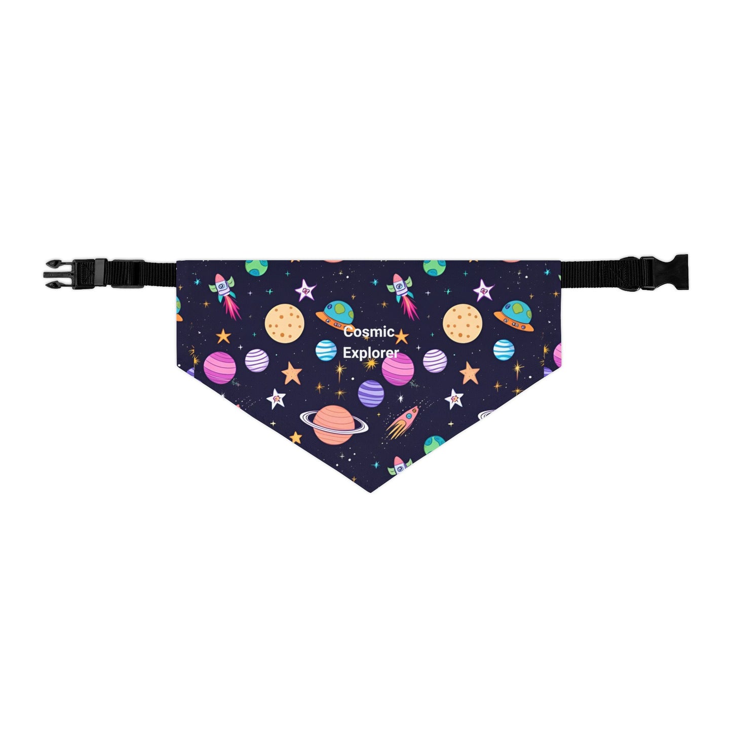 Cosmic-Explorer pet collar bandana with space-themed design on a white background
