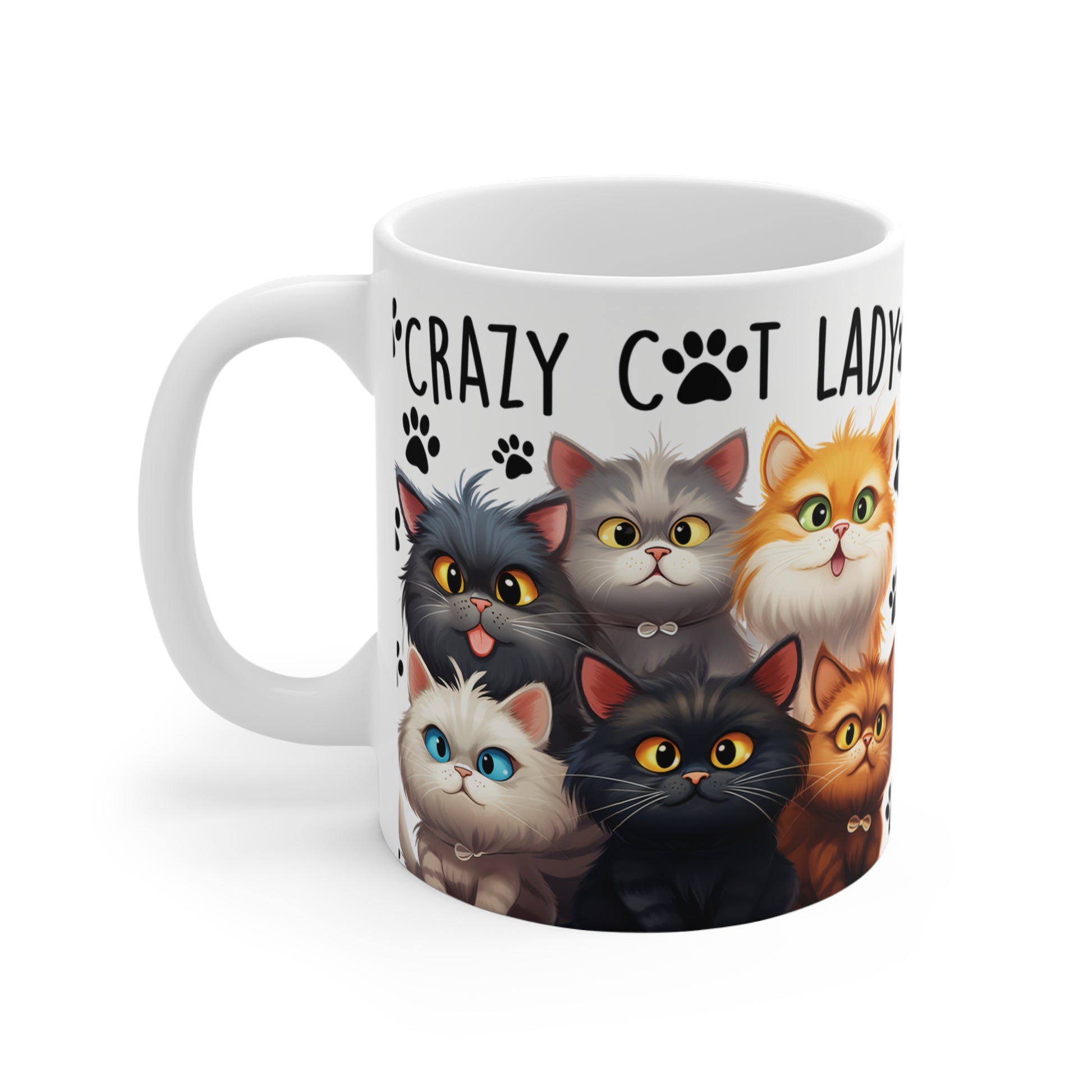 Ceramic Mug with cat illustrations and 'Crazy Cat Lady' text on a white background
