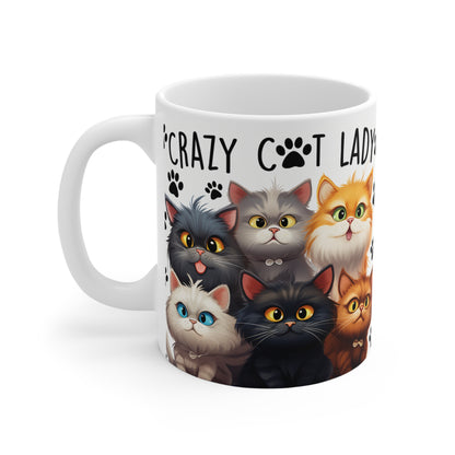 Ceramic Mug with cat illustrations and 'Crazy Cat Lady' text on a white background