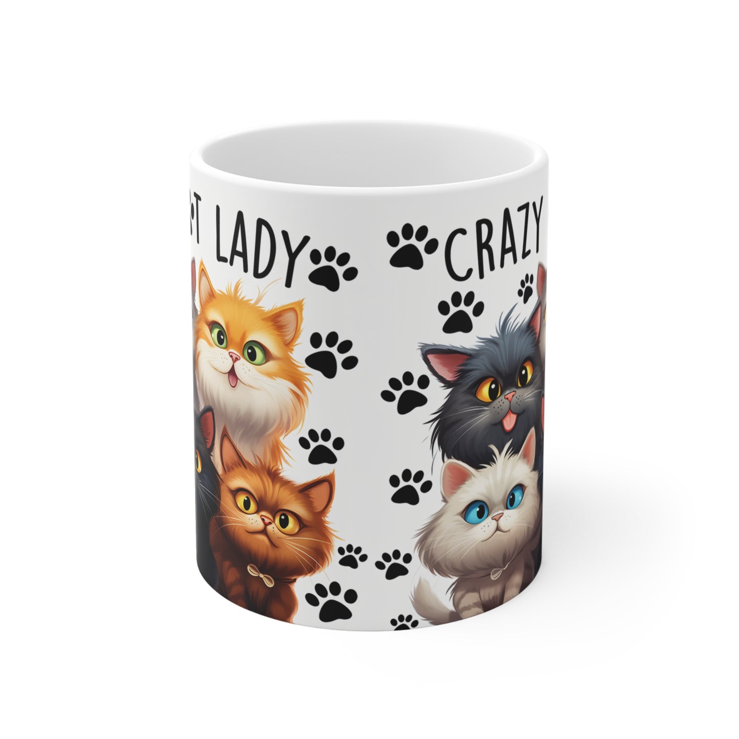 Ceramic Mug with cat illustrations and text "Crazy Cat Lady" on a white background