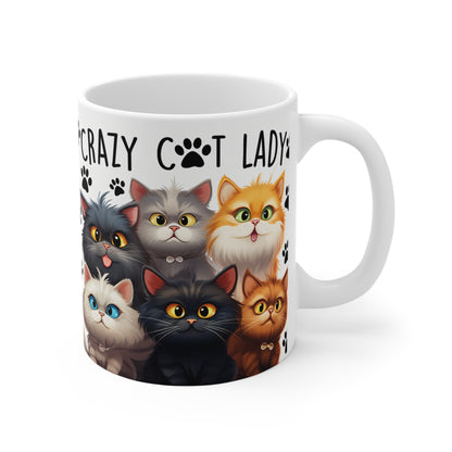 Ceramic Mug with cartoon cats and 'Crazy Cat Lady' text on a white background