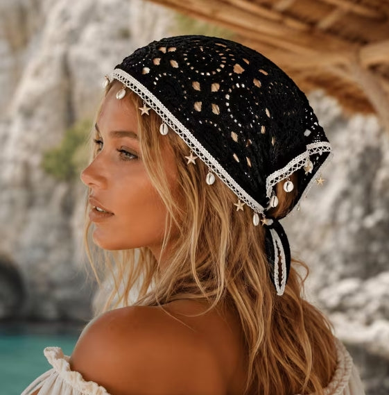 Boho Crochet Triangle Head Scarf with Shells, Summer Hair Wrap