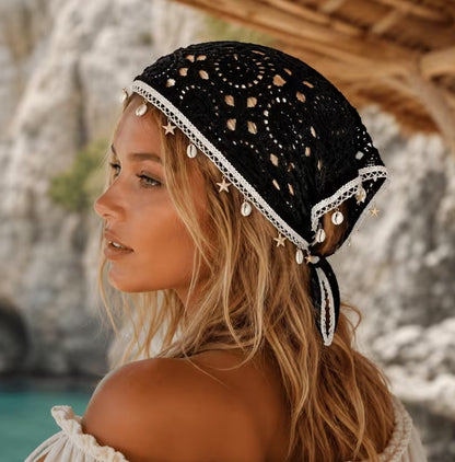 Boho Crochet Triangle Head Scarf with Shells, Summer Hair Wrap