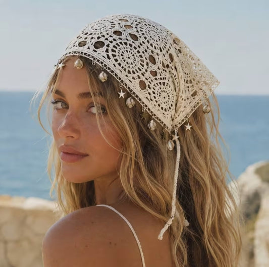 Boho Crochet Triangle Head Scarf with Shells, Summer Hair Wrap