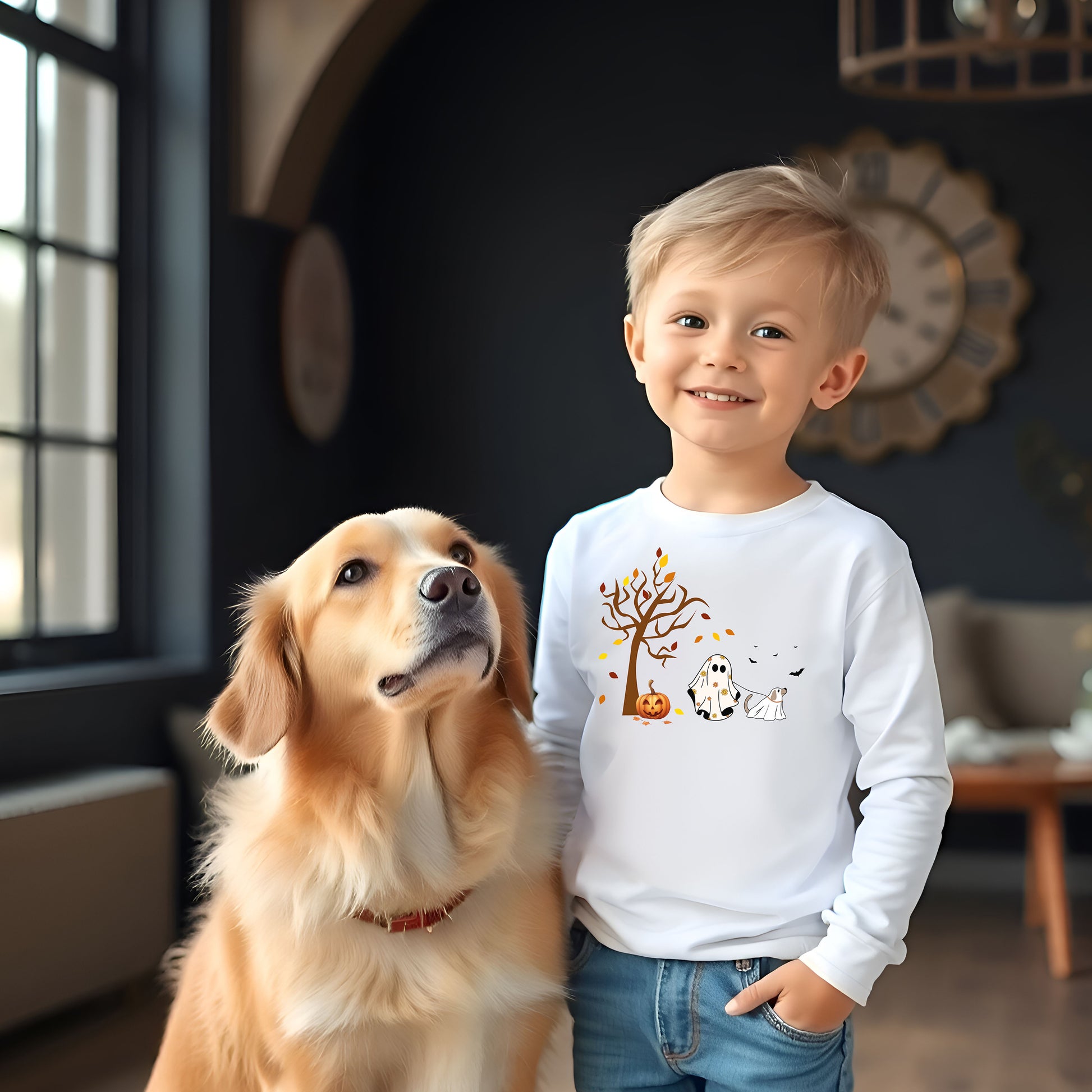 Adorable toddler wearing a white long-sleeve T-shirt with a cute Halloween design featuring a spooky tree with falling leaves, a smiling jack-o'-lantern, and two ghost figures—one child ghost and one ghost dog. A playful and heartwarming fall design perfect for Halloween festivities and toddler apparel.