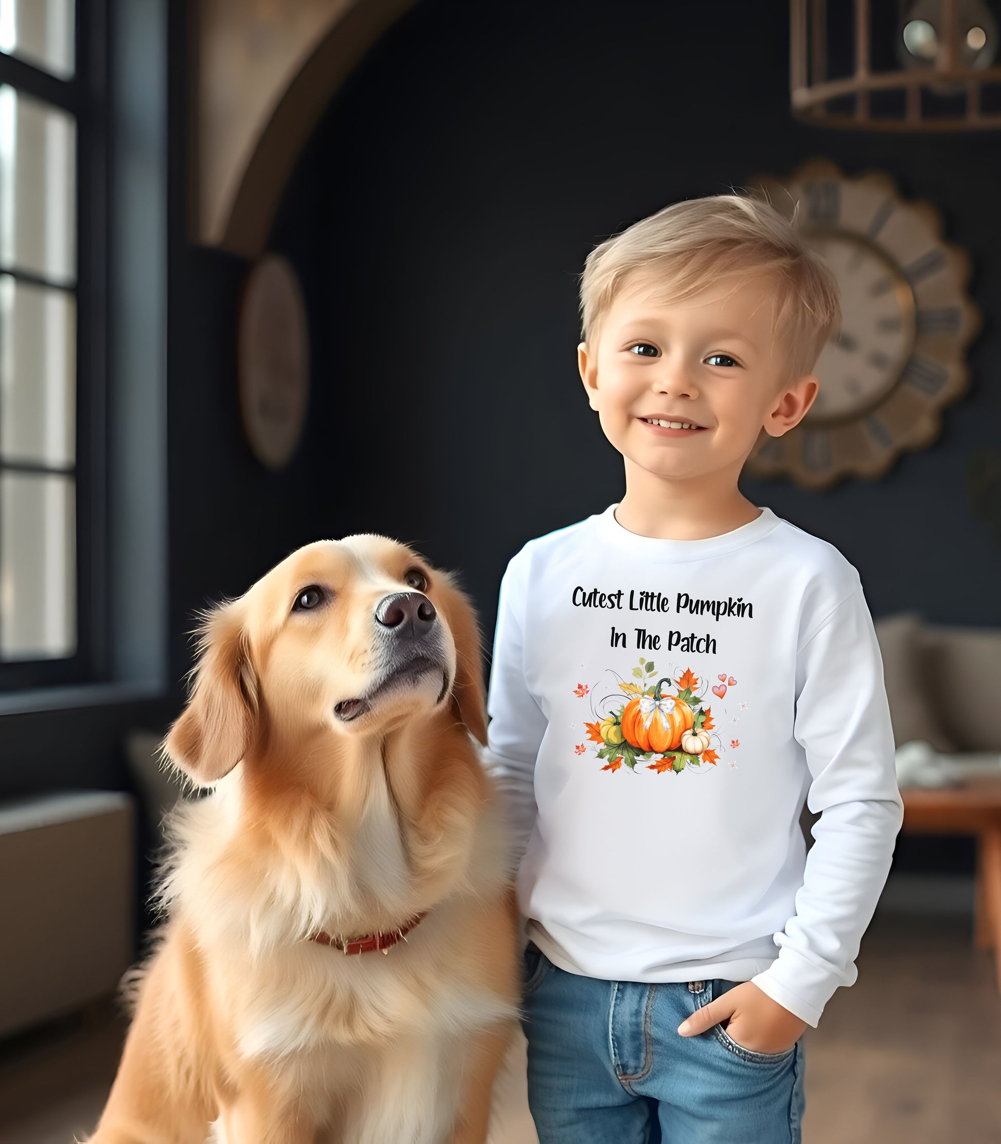 Toddler wearing a white long sleeve shirt with 'Cutest Little Pumpkin In The Patch' text and pumpkin graphics.
