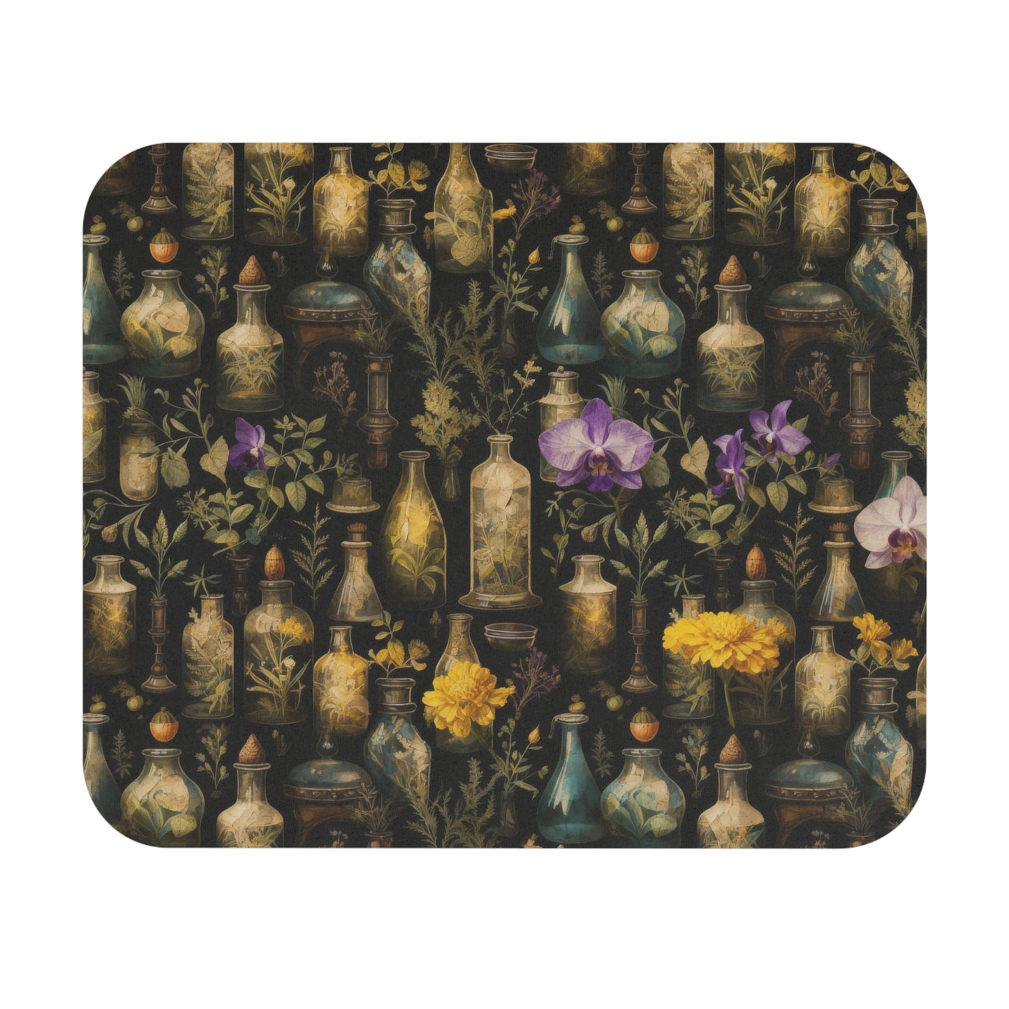 Mouse pad with decorative design of apothecary bottles and flowers on a dark background