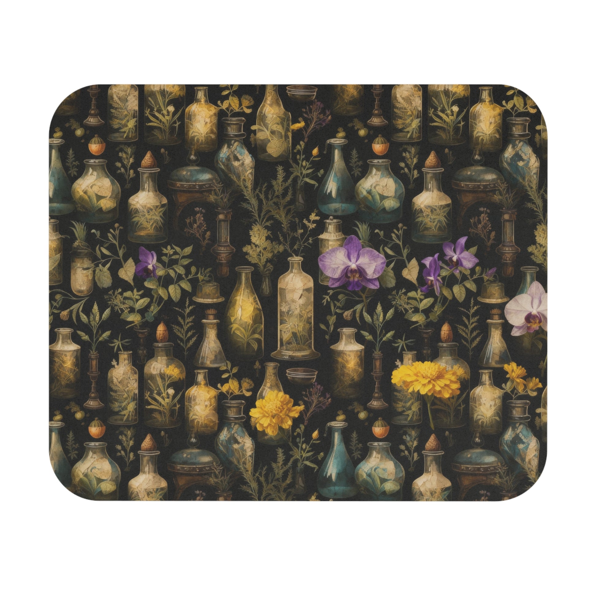 Mouse pad with decorative design of apothecary bottles and flowers on a dark background