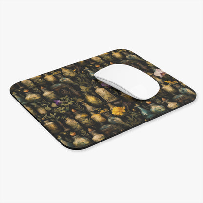 Mouse pad with artistic design of apothecary bottles and flowers on a white background