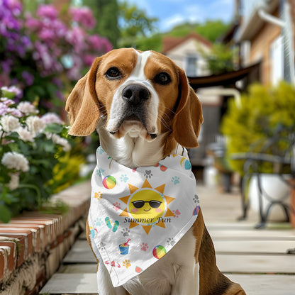 A dog wearing a white “Summer Fun” dog bandana decorated with a cheerful yellow sun in sunglasses, surrounded by colorful beach balls, paw prints, flip-flops, and tropical drink illustrations. The playful summer-themed accessory adds a vibrant, seasonal touch, perfect for beach outings, backyard barbecues, or sunny walks, keeping your pup stylish and festive during warm-weather adventures.