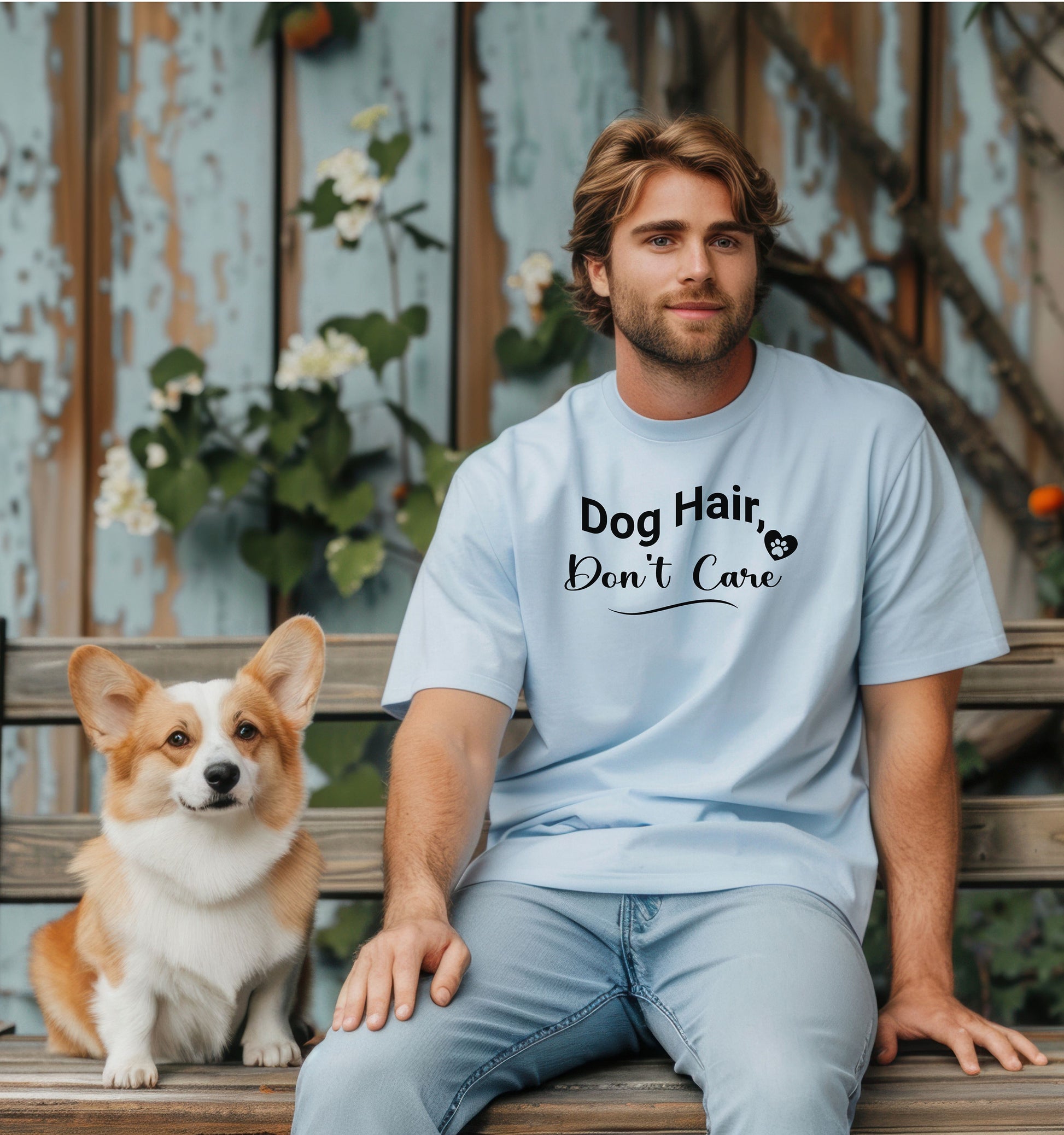 A person wearing a baby blue T-shirt with the playful black text “Dog Hair, Don’t Care” and a paw print accent. The design embraces the humor and love of dog ownership, making it a perfect casual fashion statement for pet lovers who proudly accept furry companionship.