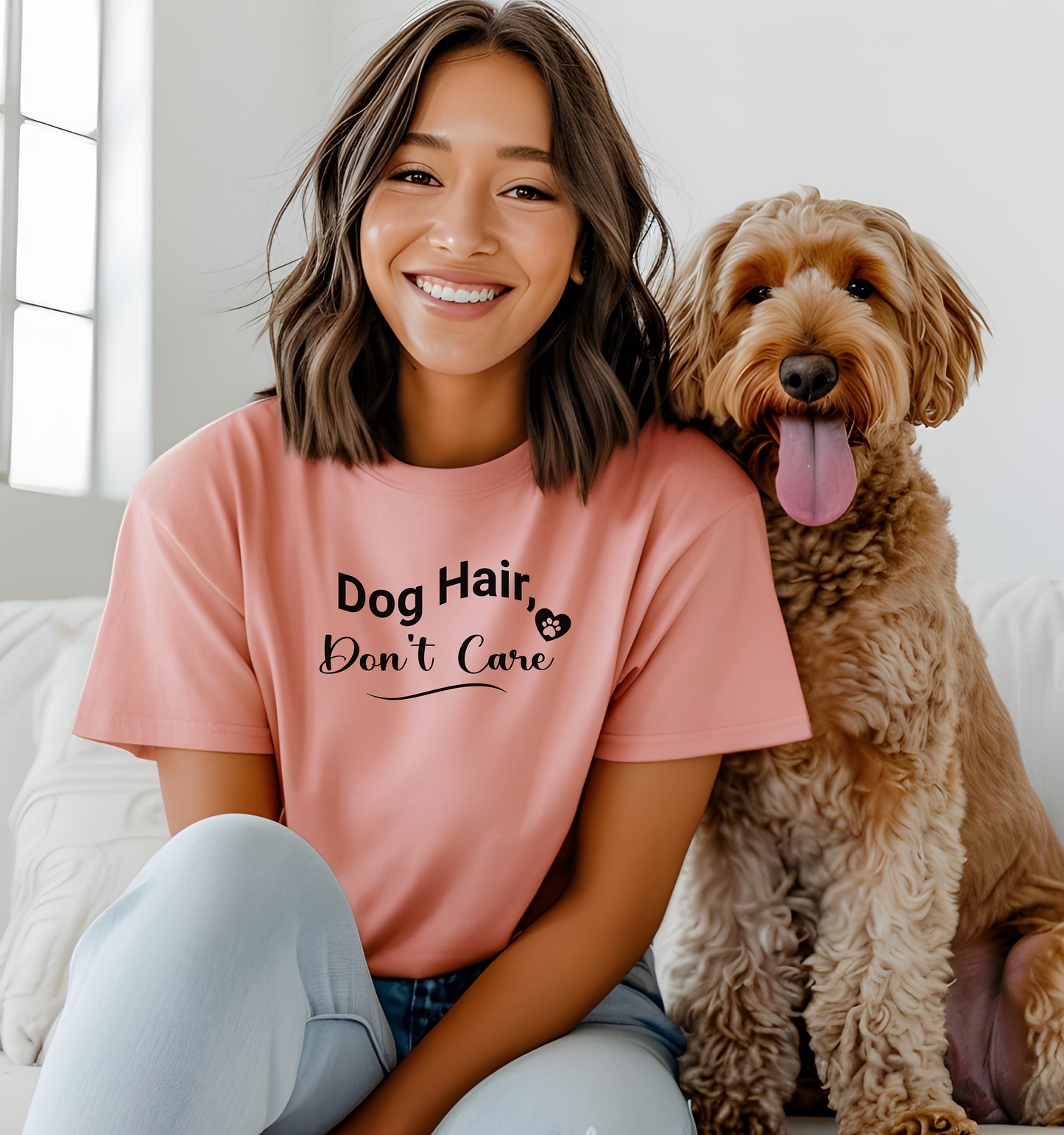 A person wearing a sunset T-shirt with the playful black text “Dog Hair, Don’t Care” and a paw print accent. The design embraces the humor and love of dog ownership, making it a perfect casual fashion statement for pet lovers who proudly accept furry companionship.