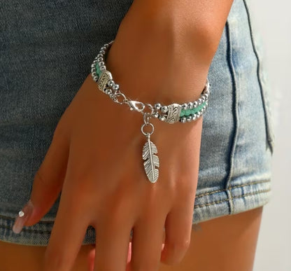 Turquoise Colored Beaded Feather Charm Bracelet, Boho Design